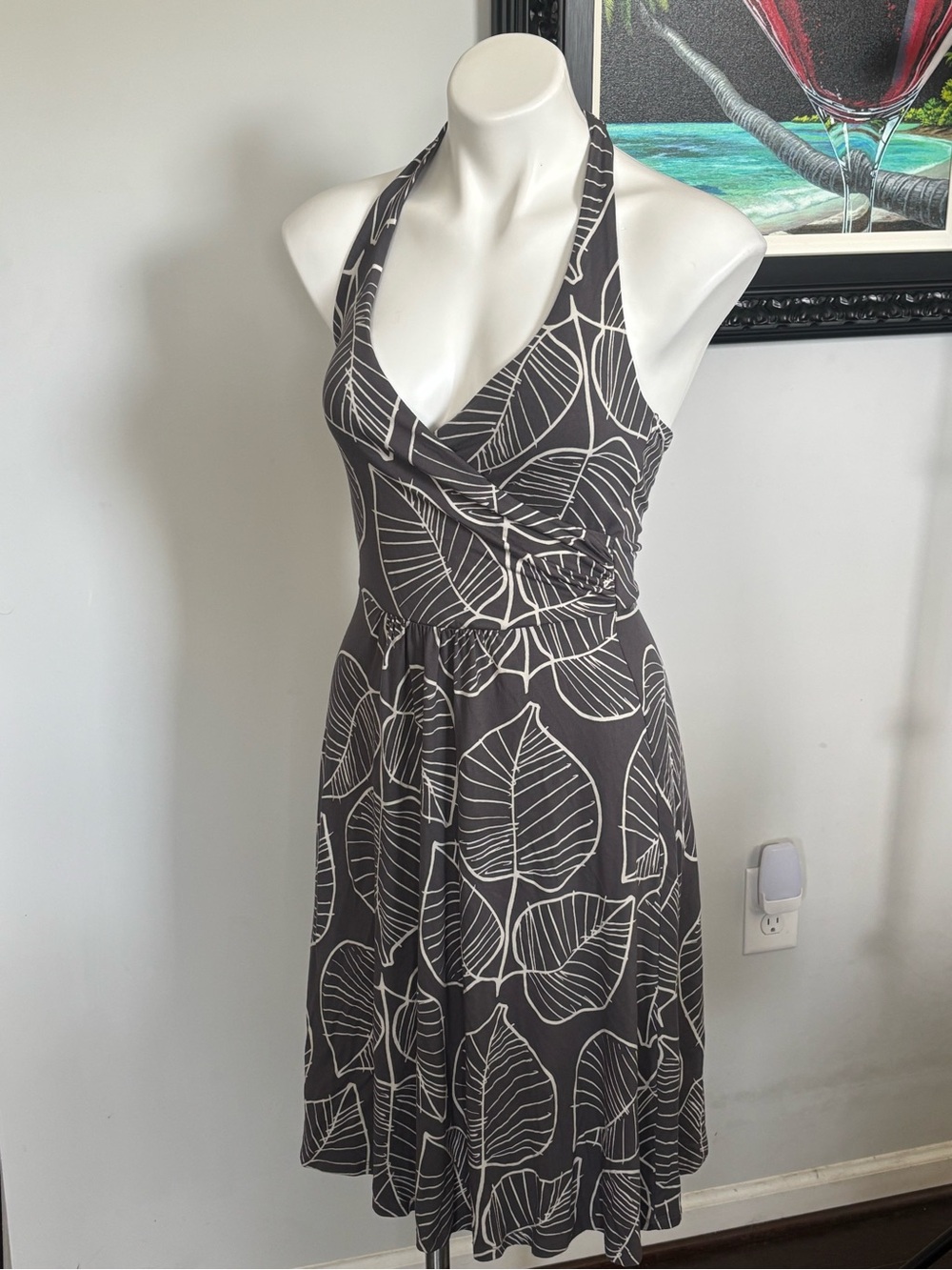 Boden Charcoal Halter Dress with White Leaf Print